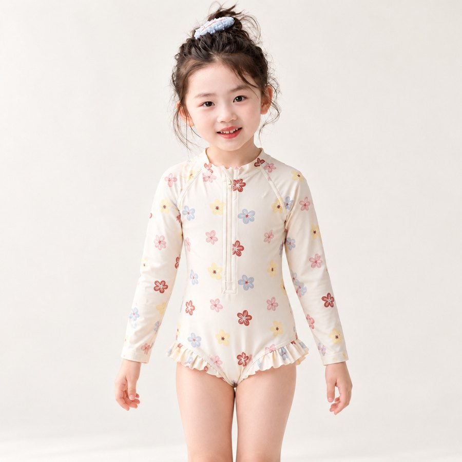 Girls' Long-Sleeve Zip Swimsuit — Pastel Flowers